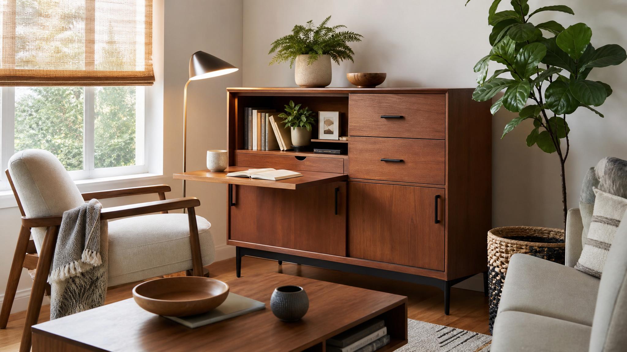 Multi-purpose mid-century modern furniture in a small living room