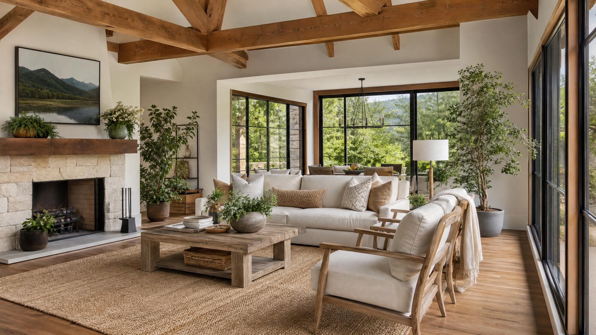 Beautifully staged living room featuring plenty of natural elements and greenery.