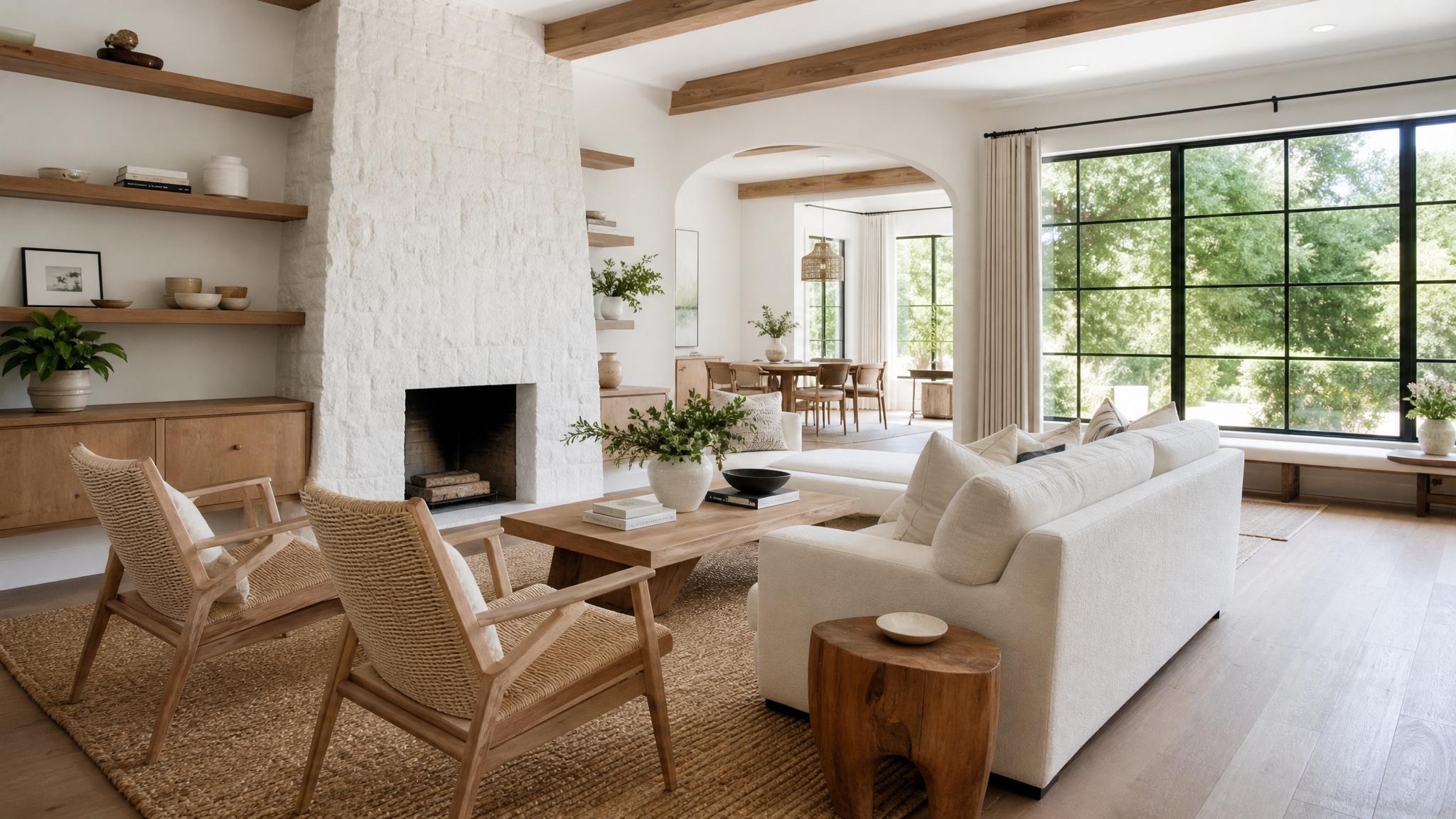 Natural material selections for staging, including wood and woven textiles.