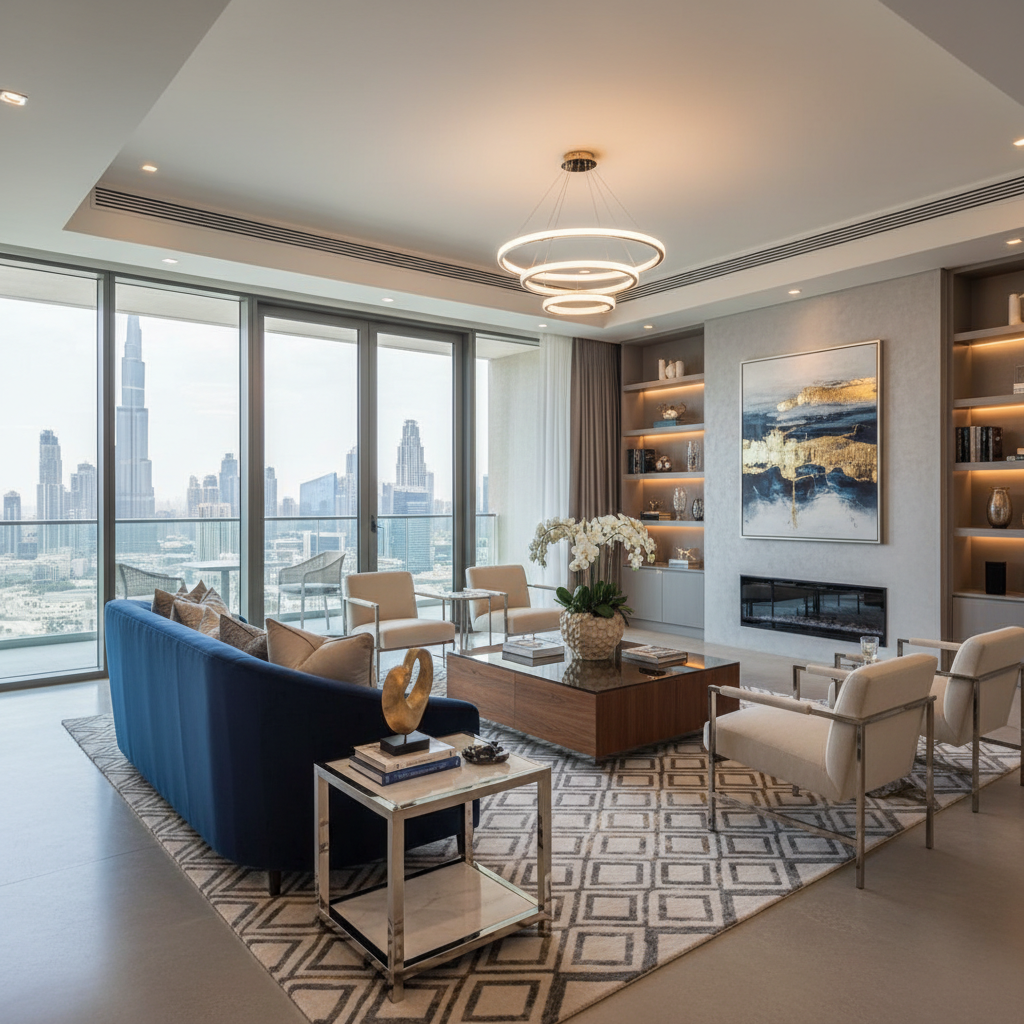 A beautifully staged living room with modern furniture in a Dubai apartment.