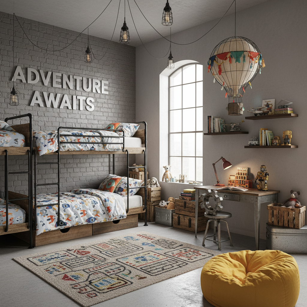 Image of an industrial kids bedroom featuring exposed brick, metal fixtures, and playful decor.