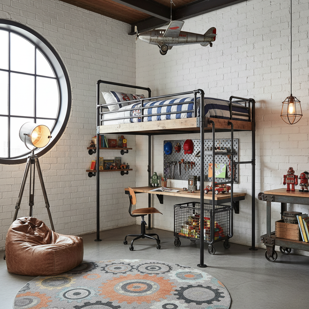 A visual guide showing a mix of industrial furniture and decor elements suitable for a kids' room.