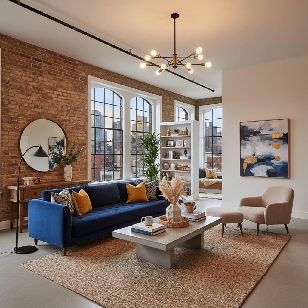 A beautifully staged loft with trendy furniture and decor