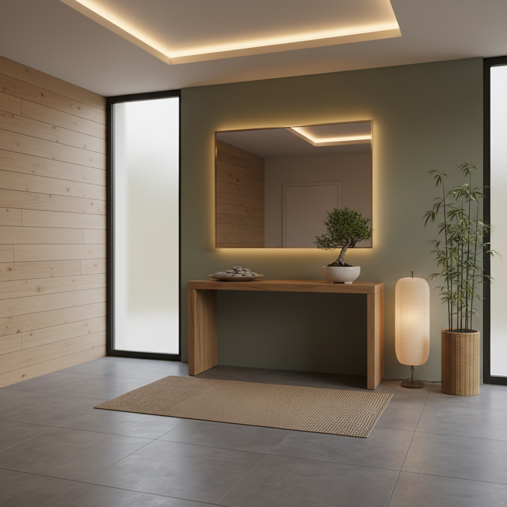 A calming zen entryway with minimalist decor, natural materials, and gentle lighting.