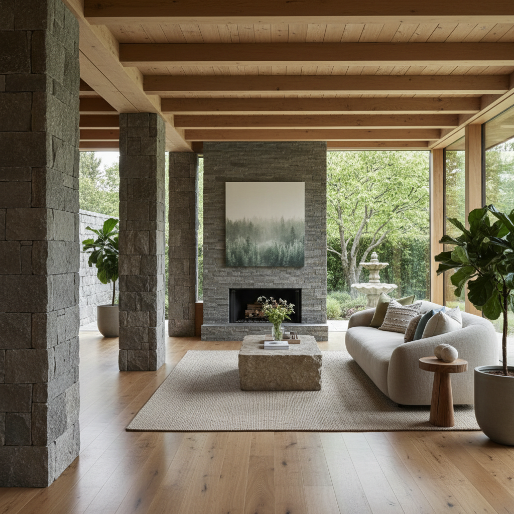 Materials like wood and stone that evoke a sense of nature and tranquility.
