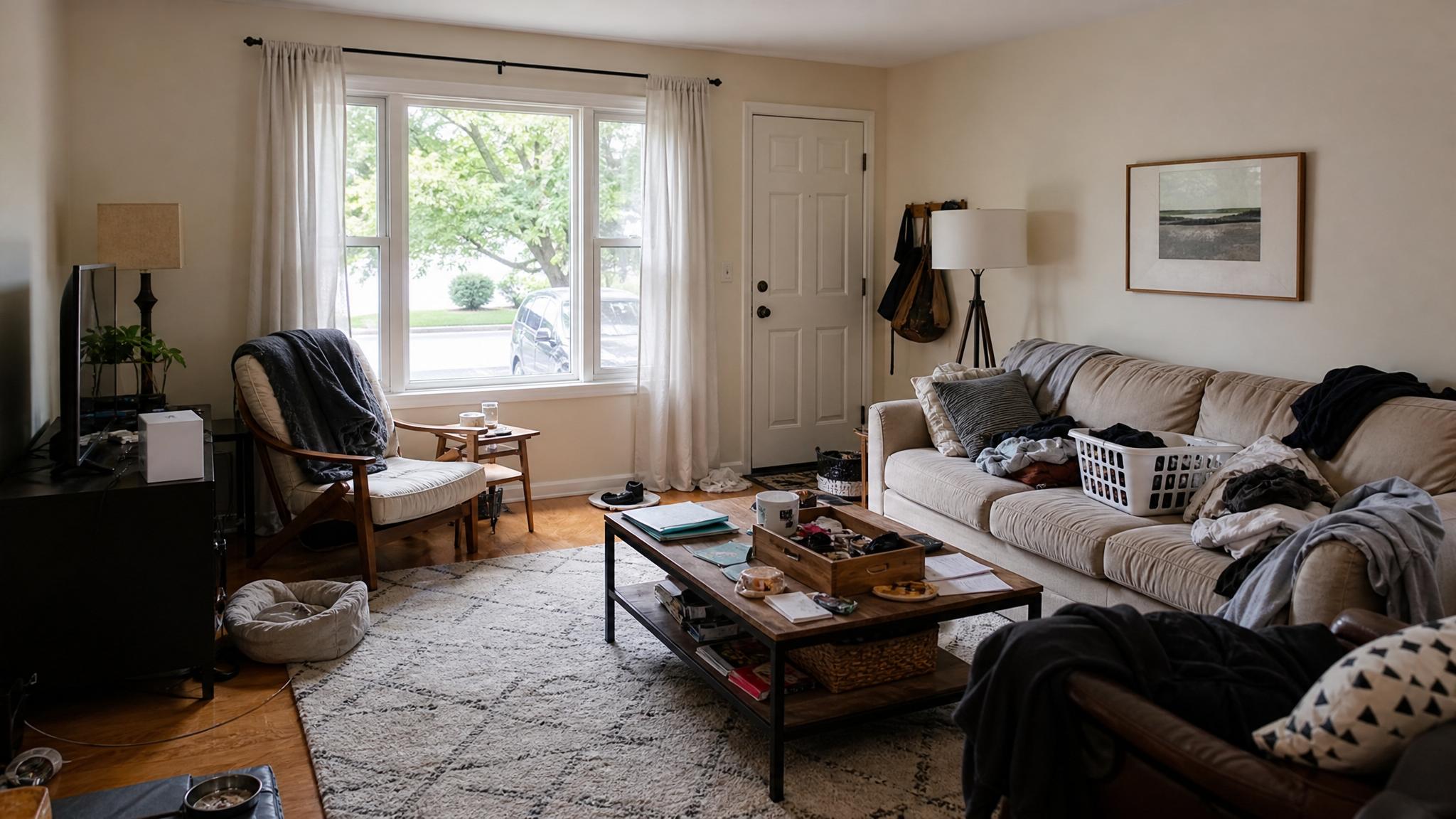 A cluttered small living room before decluttering.