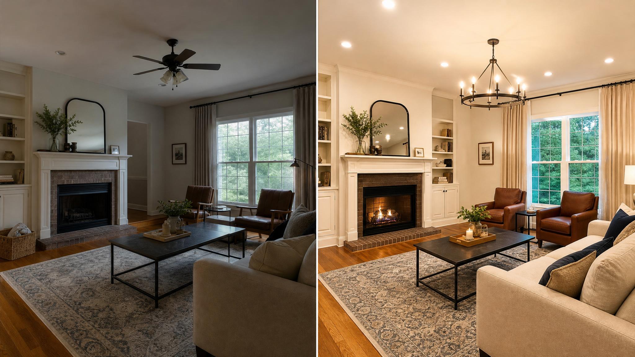 Before and after photos of living room lighting updates.