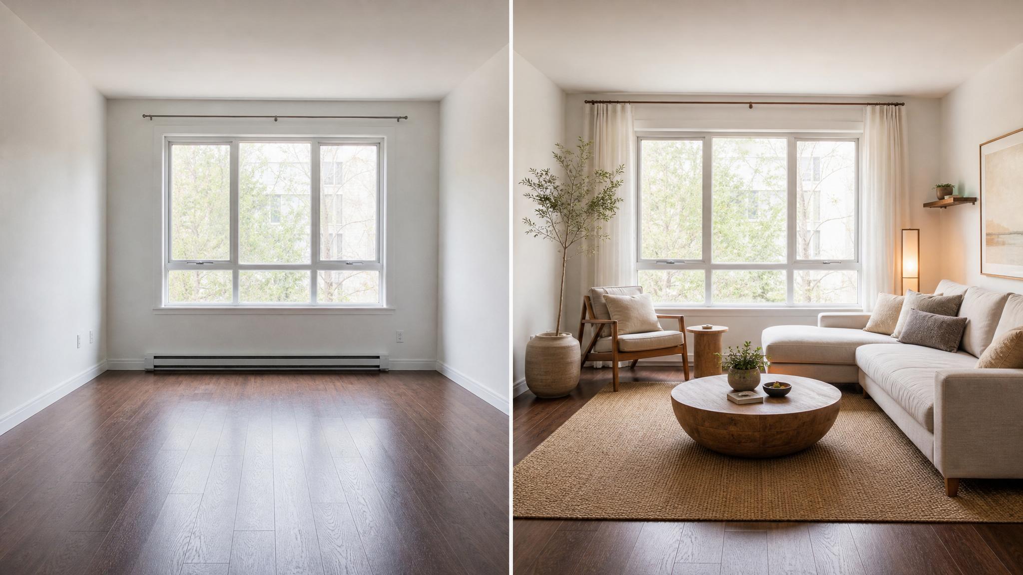 Before and after images of a small zen living room transformation