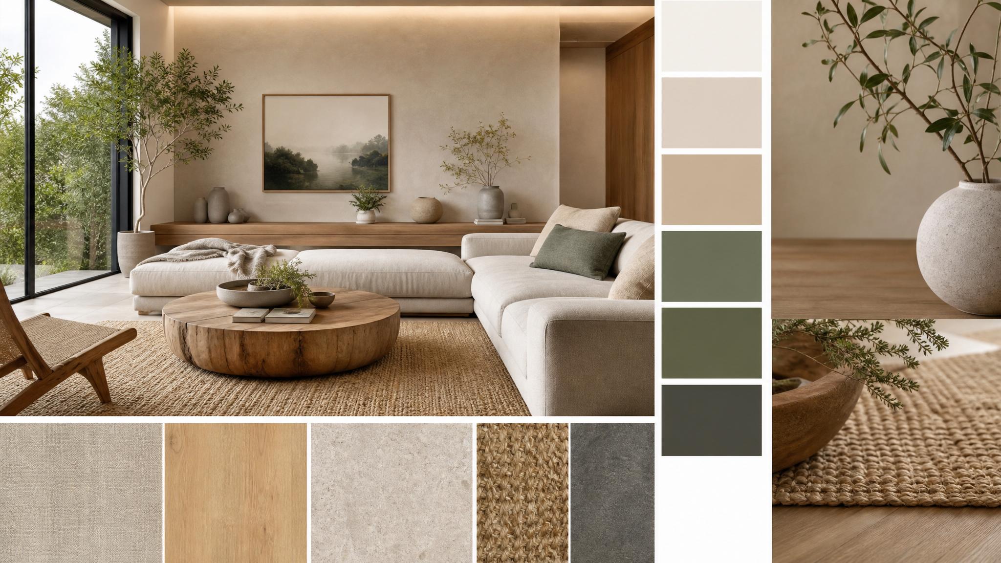 Mood board for a zen living room with color palettes and materials