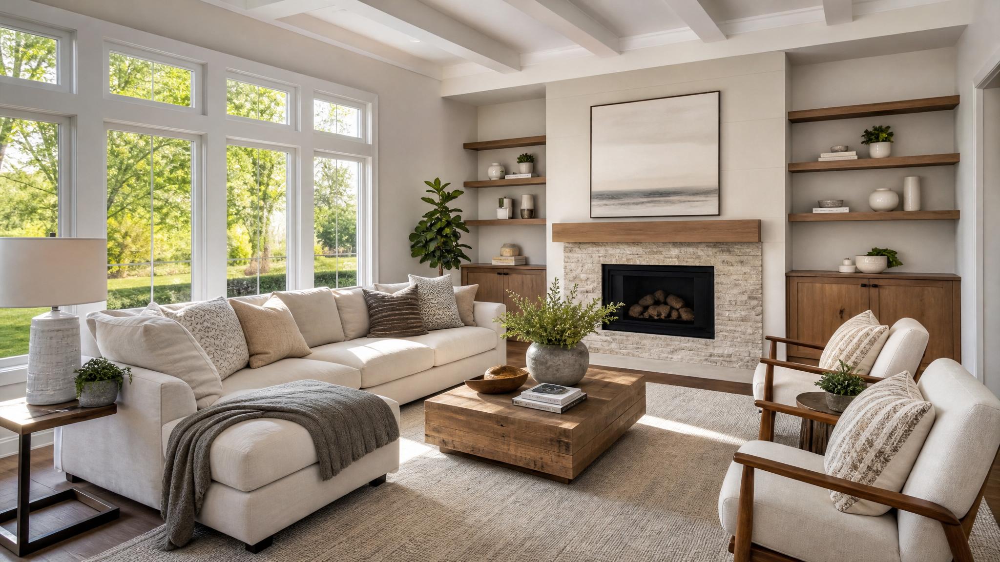 A beautifully staged living room showcasing natural light and inviting decor.