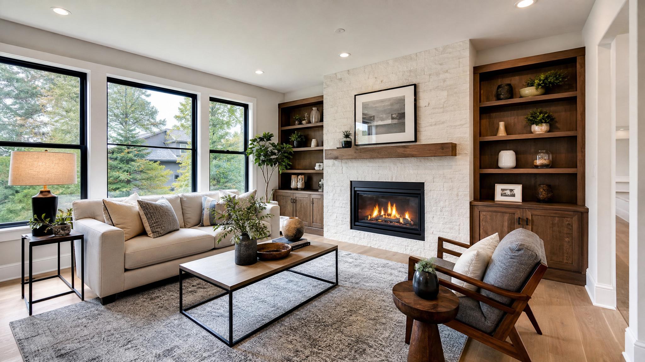 A living room photo taken from an angle that highlights key features like windows and furniture arrangement.