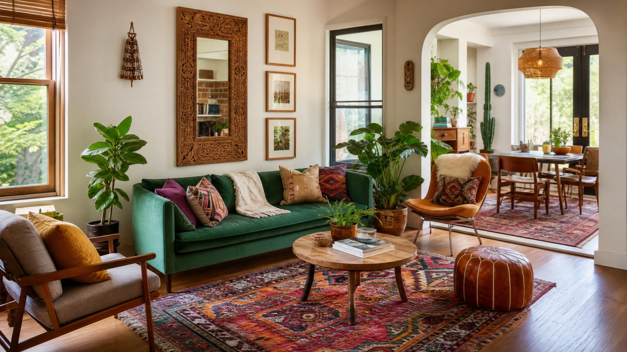 A beautifully staged bohemian living room showcasing eclectic furniture and bright colors.