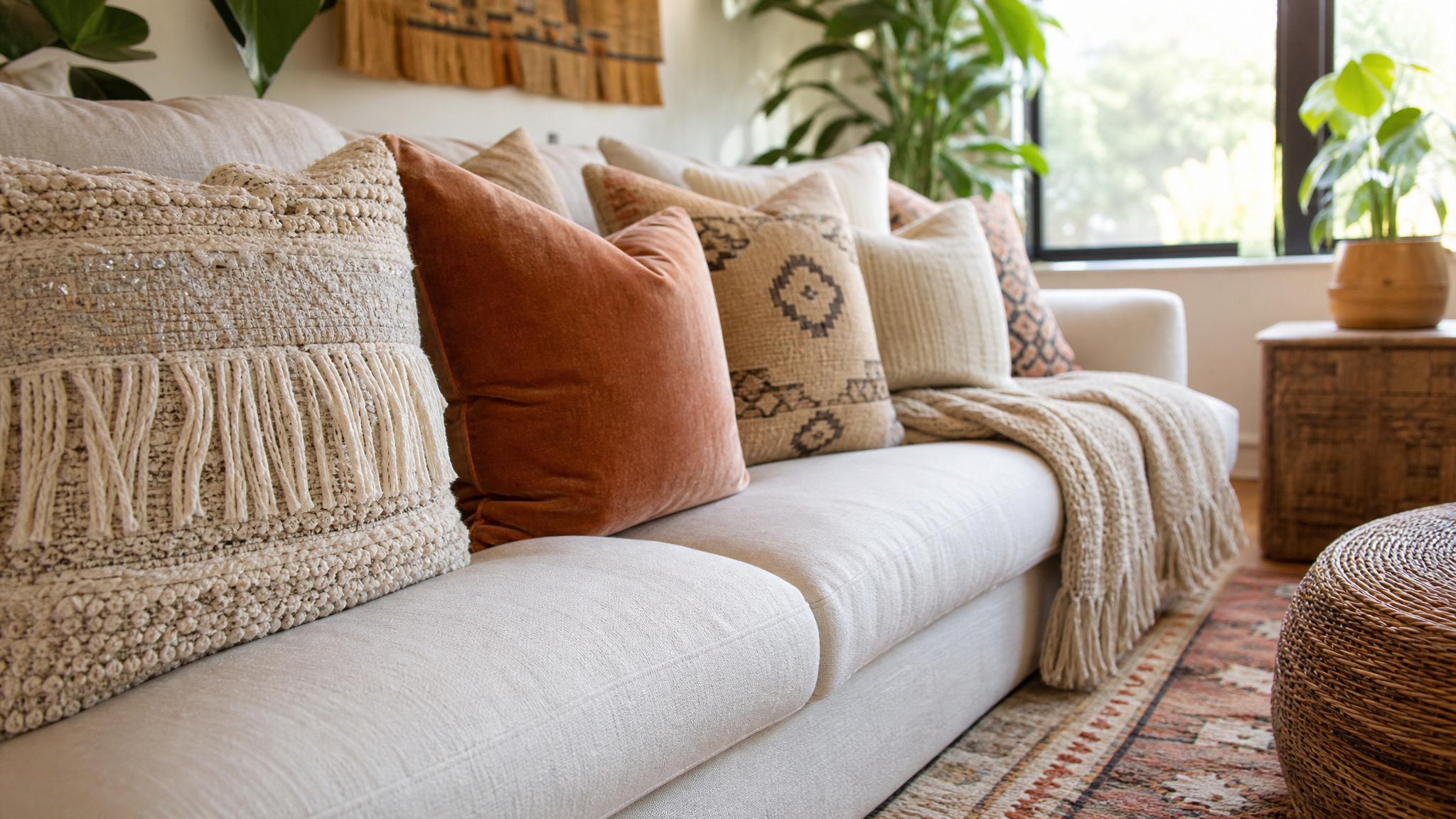 Close-up of different textures in a bohemian living room, such as cushions and rugs.