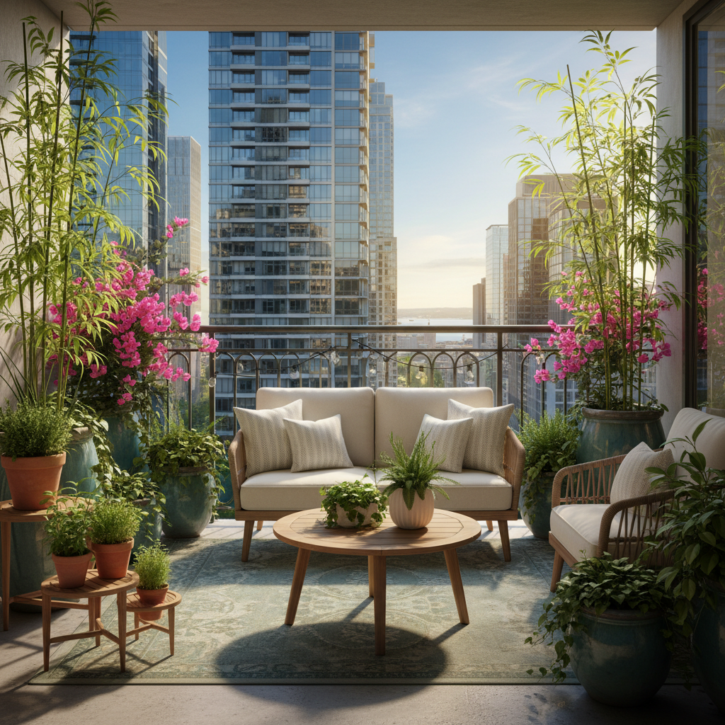 A well-designed balcony with plants and furniture