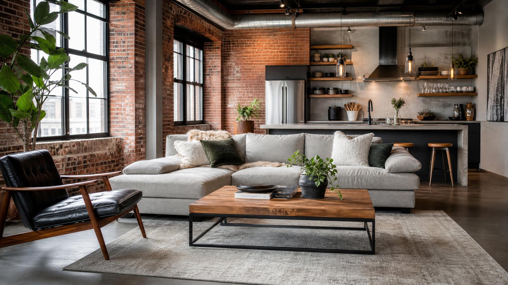 Stylish urban loft living room design with industrial decor.