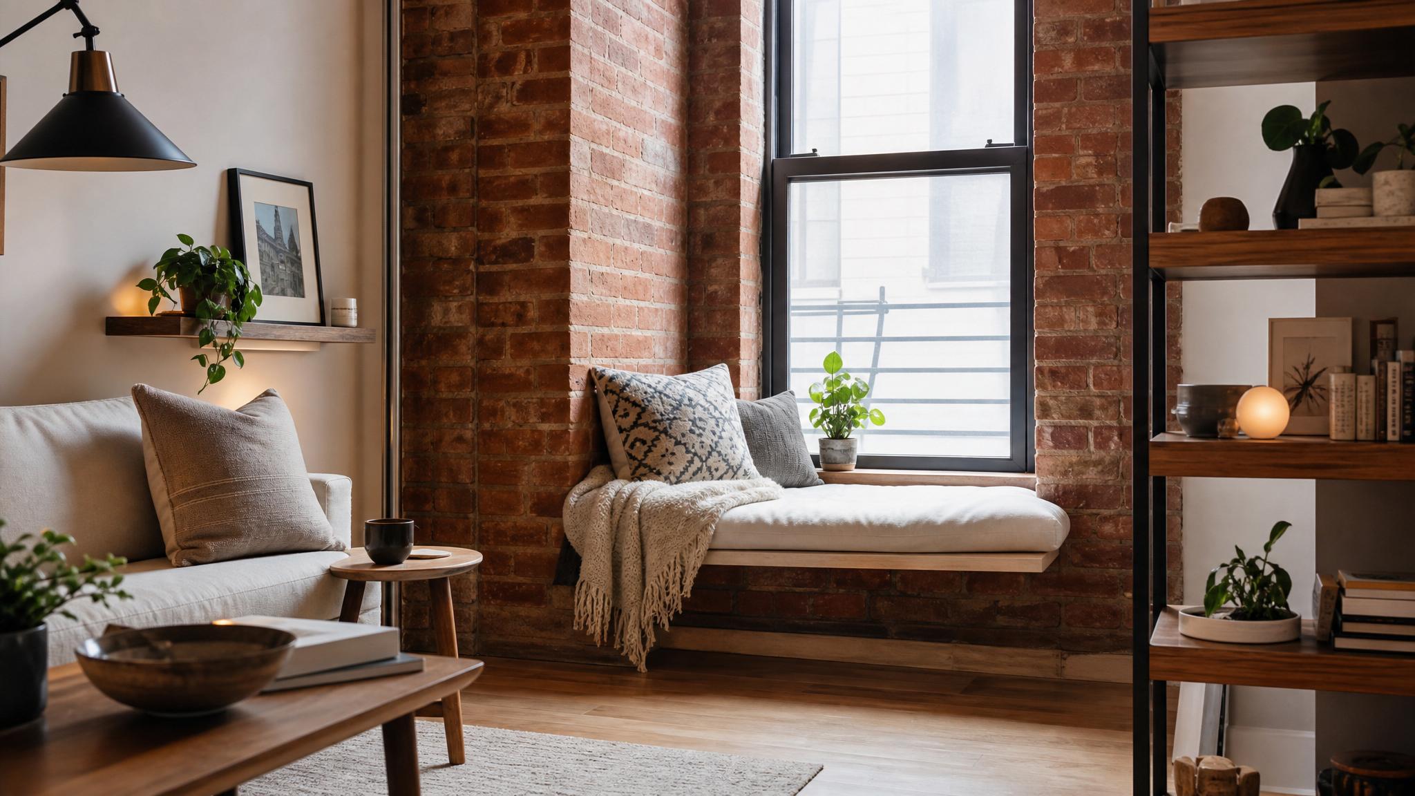 Cozy reading nook in a small urban loft living room.