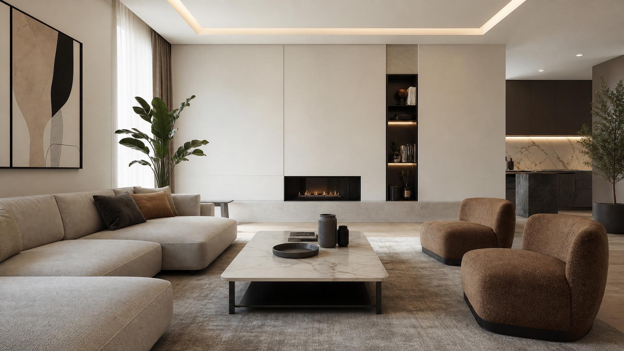 Show an example of an Italian modern style living room with clean lines and neutral colors.