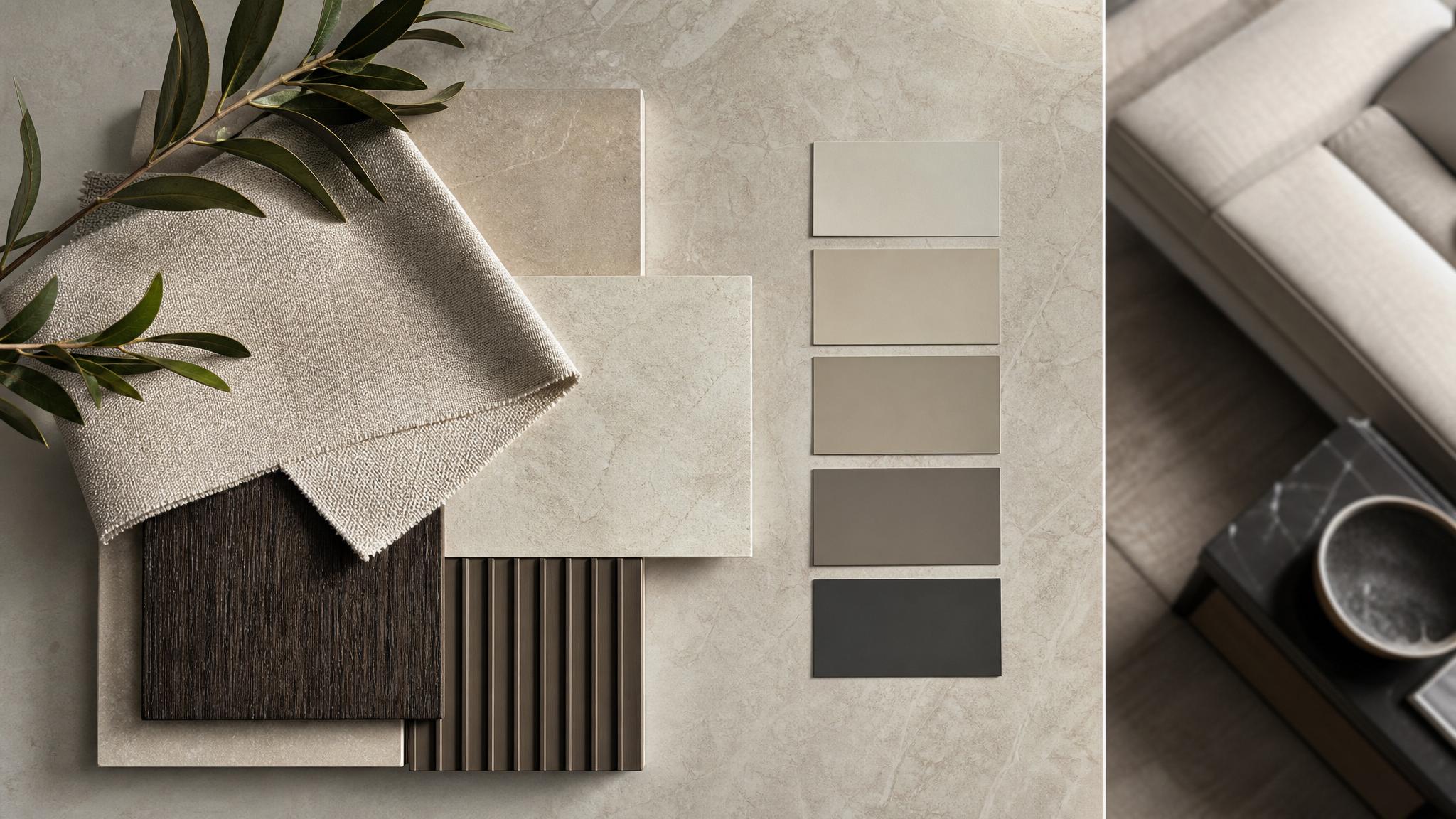 Display a selection of neutral color swatches suitable for an Italian modern living room.