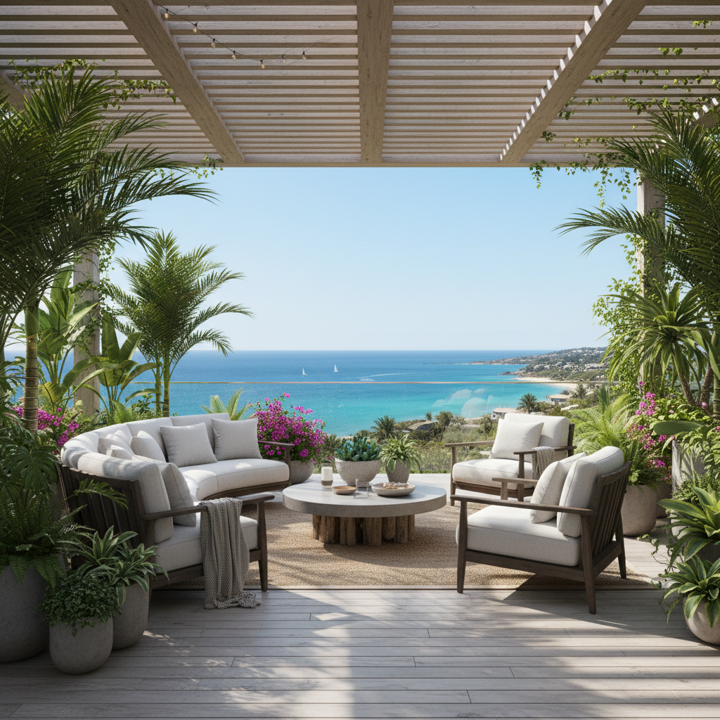 A digitally rendered coastal terrace with lush plants, comfortable seating, and ocean view.
