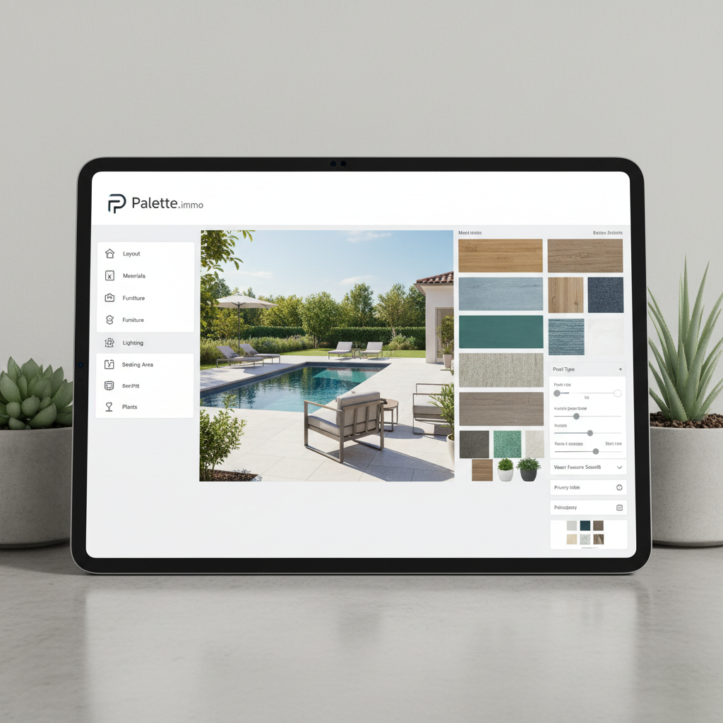 A screenshot of the Palette.immo interface with options to customize outdoor spaces.