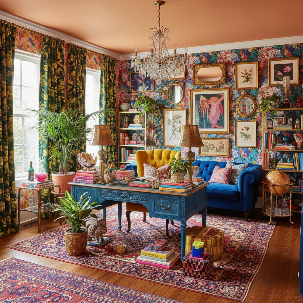 A vibrant and colorful maximalist home office showcasing an eclectic mix of furniture and decor.