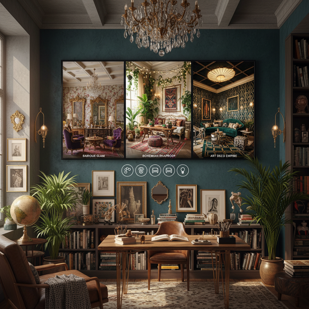 An AI interface displaying design options for a maximalist home office.