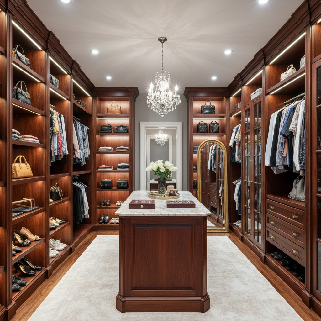 A beautifully designed traditional walk-in closet with classic wooden shelves and elegant lighting.