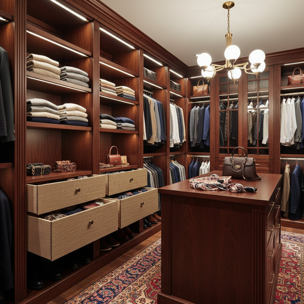 A selection of traditional closet materials: wood, fabrics, elegant lighting designs.