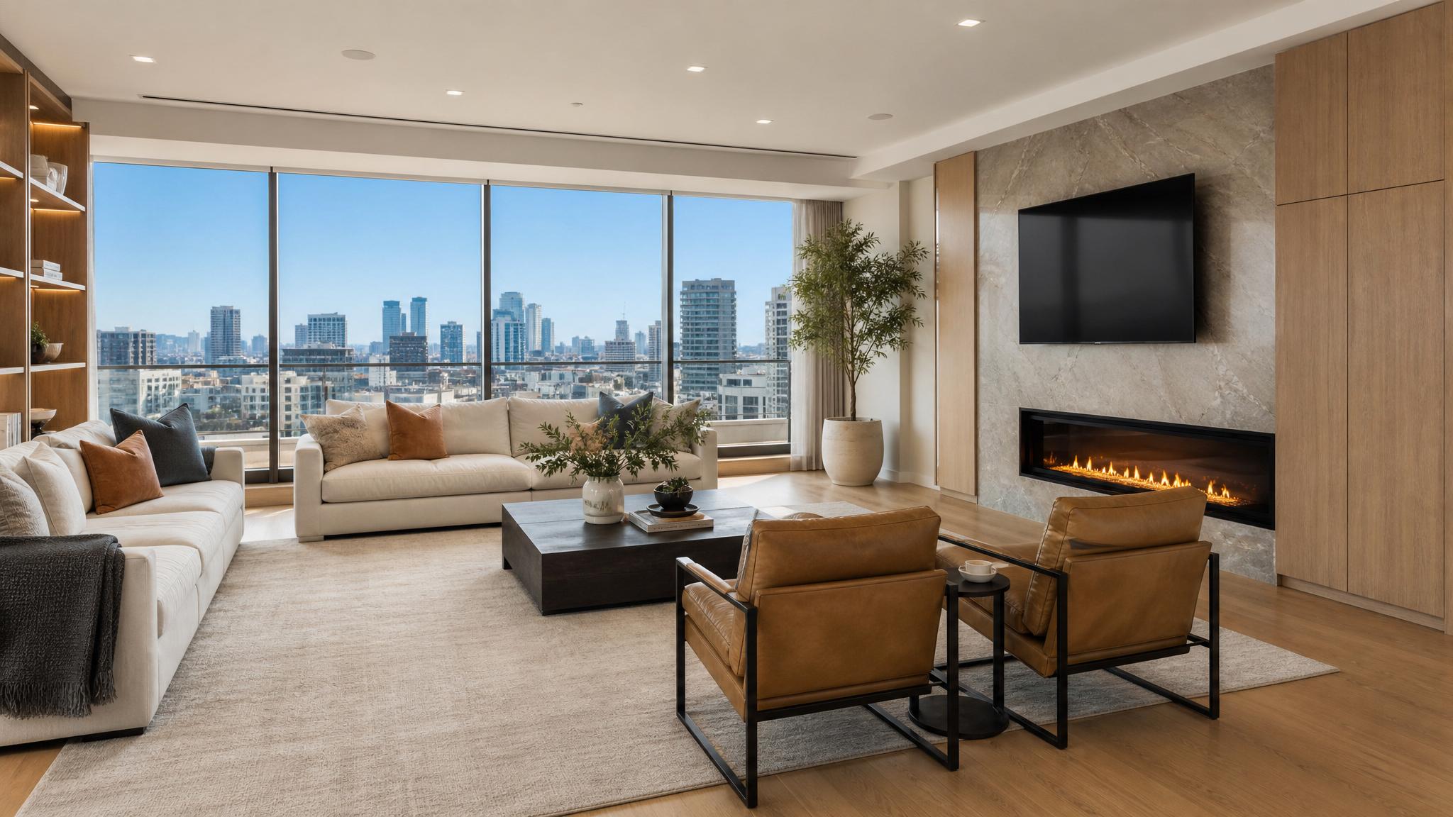After image demonstrating the refreshed, modern design of the penthouse living room.