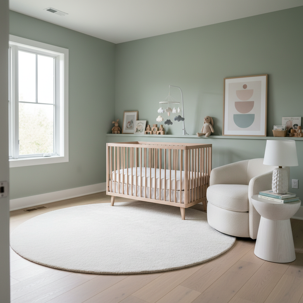 A beautifully staged minimalist nursery with soft colors and simple furniture.