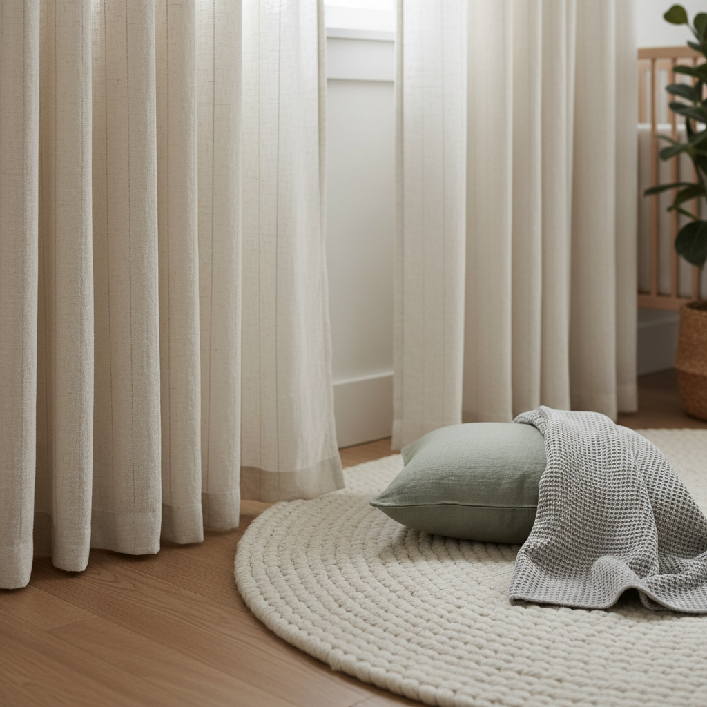 Close-up of minimalist nursery textiles like curtains and rugs.