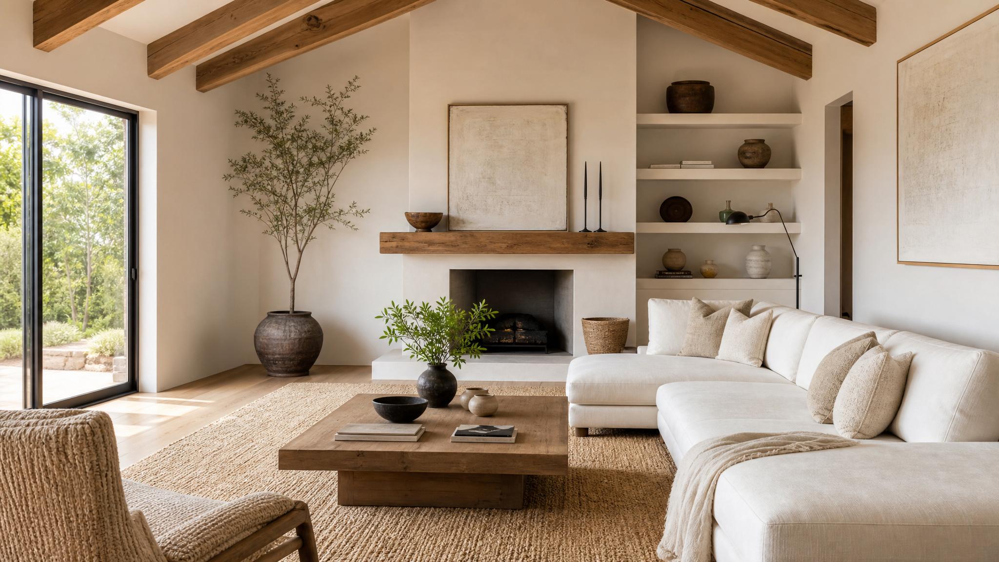 A serene zen living room with natural light, soft colors, and minimalistic decor.