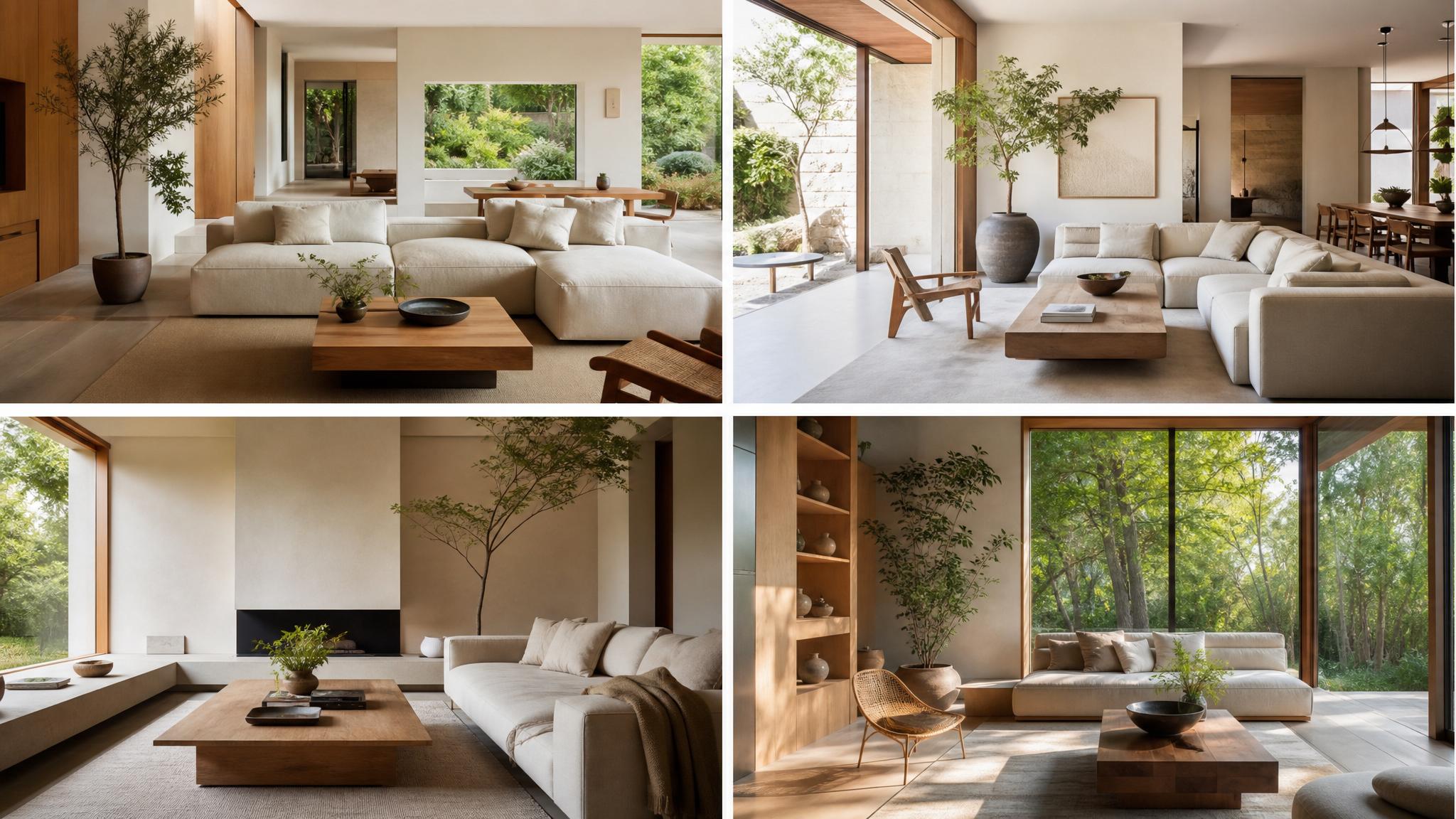 Different layout examples of zen living rooms highlighting space, light, and greenery.