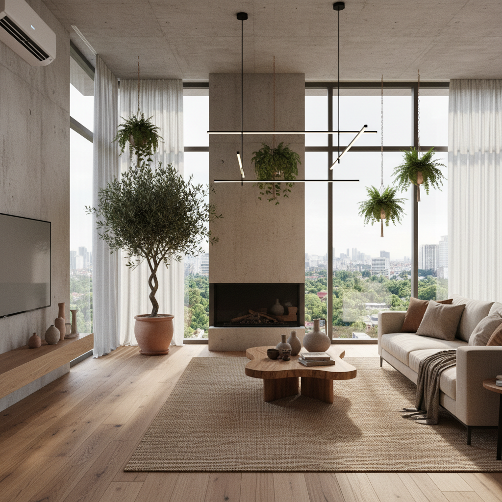 A modern open-plan living room featuring large windows, plants, and natural materials.