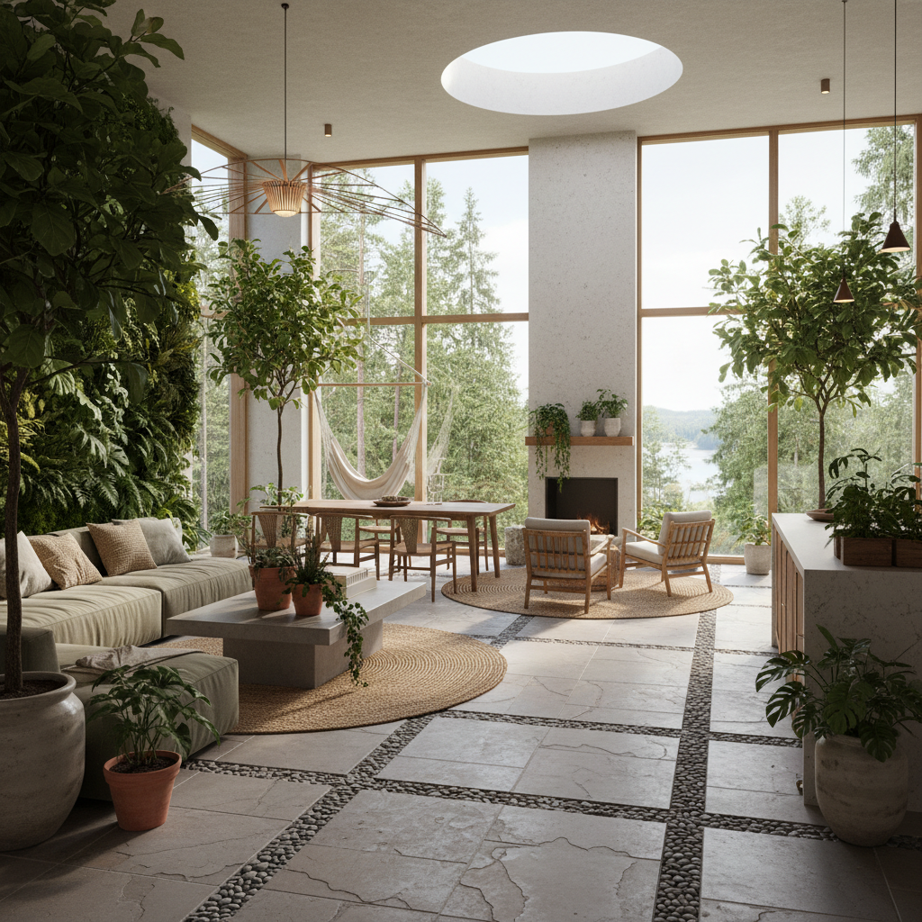 A digital rendering of a biophilic open-plan living room using AI design tools.