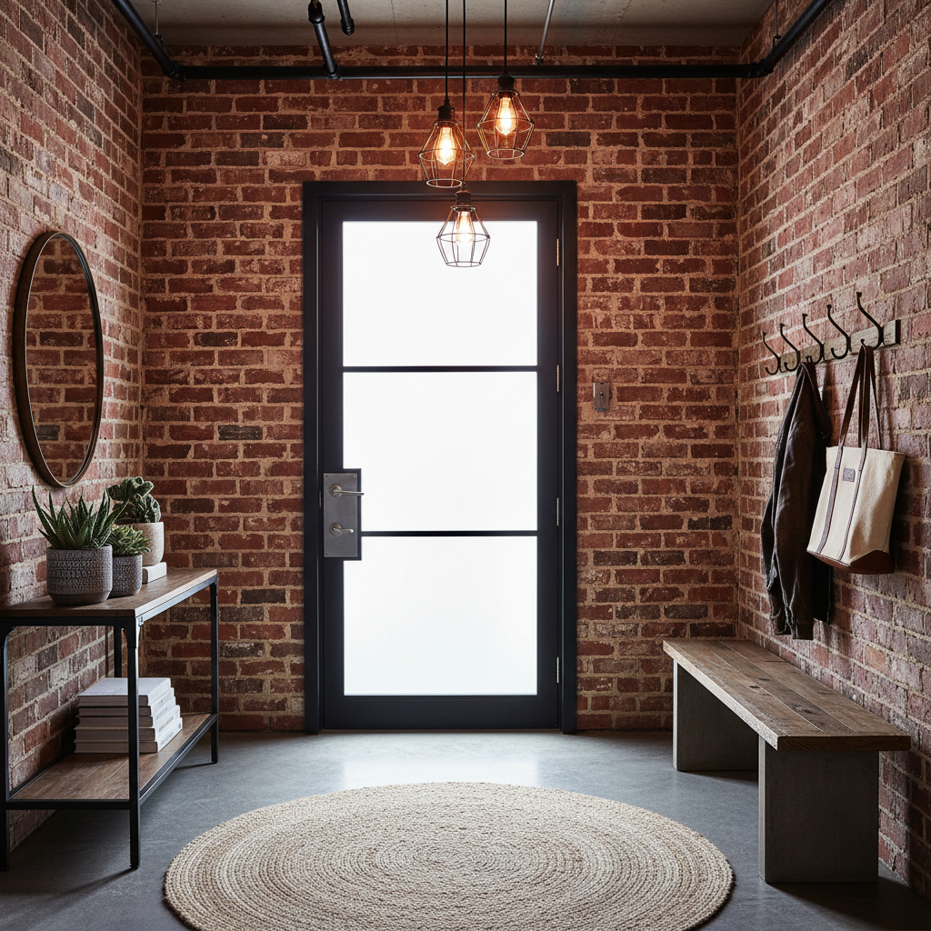 Industrial entryway with metal fixtures and exposed bricks