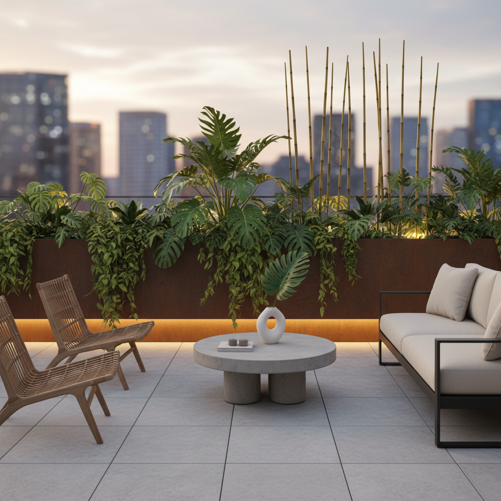 A minimalist terrace with sleek furniture and lush greenery.