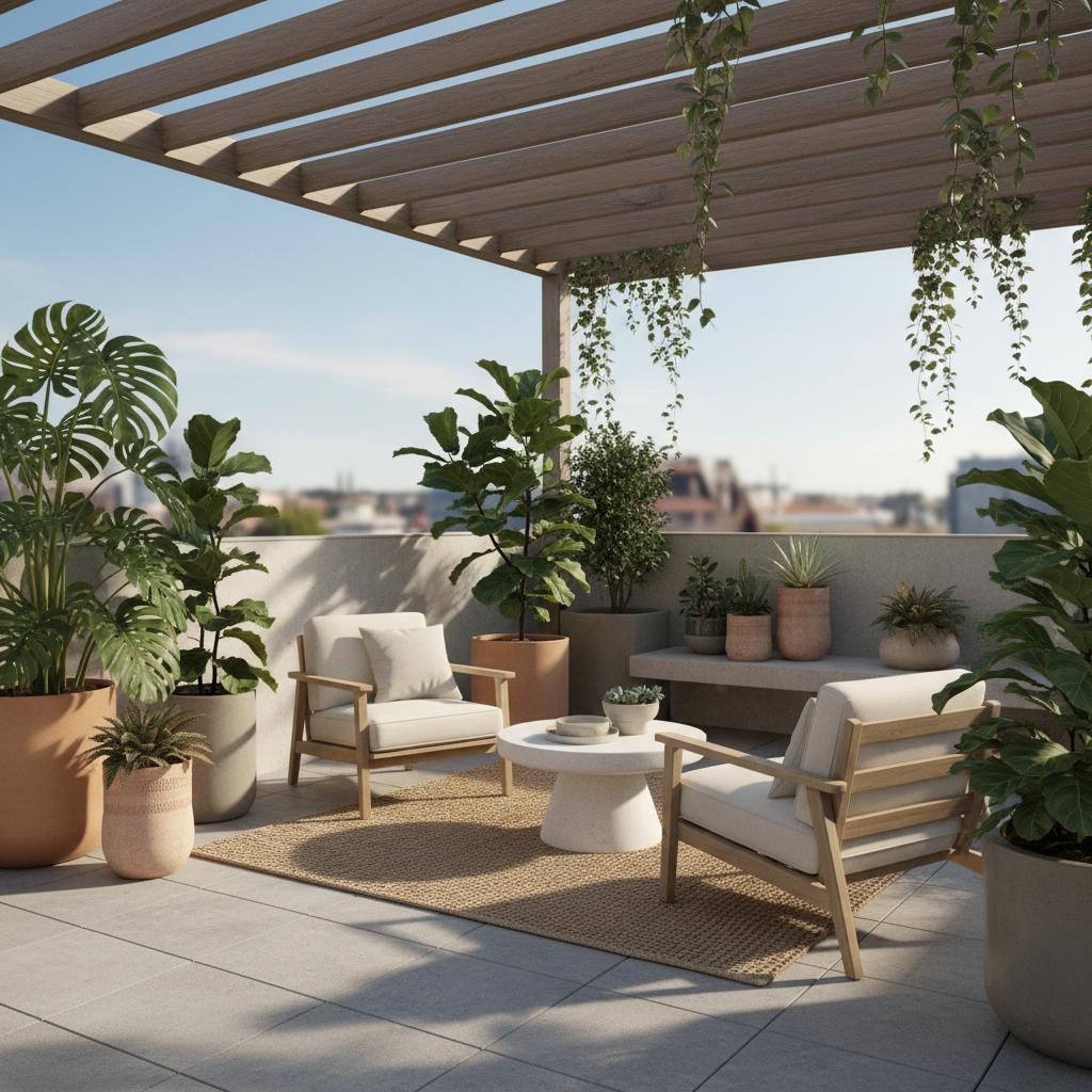 A cozy setup with minimalist seating and greenery on a terrace.