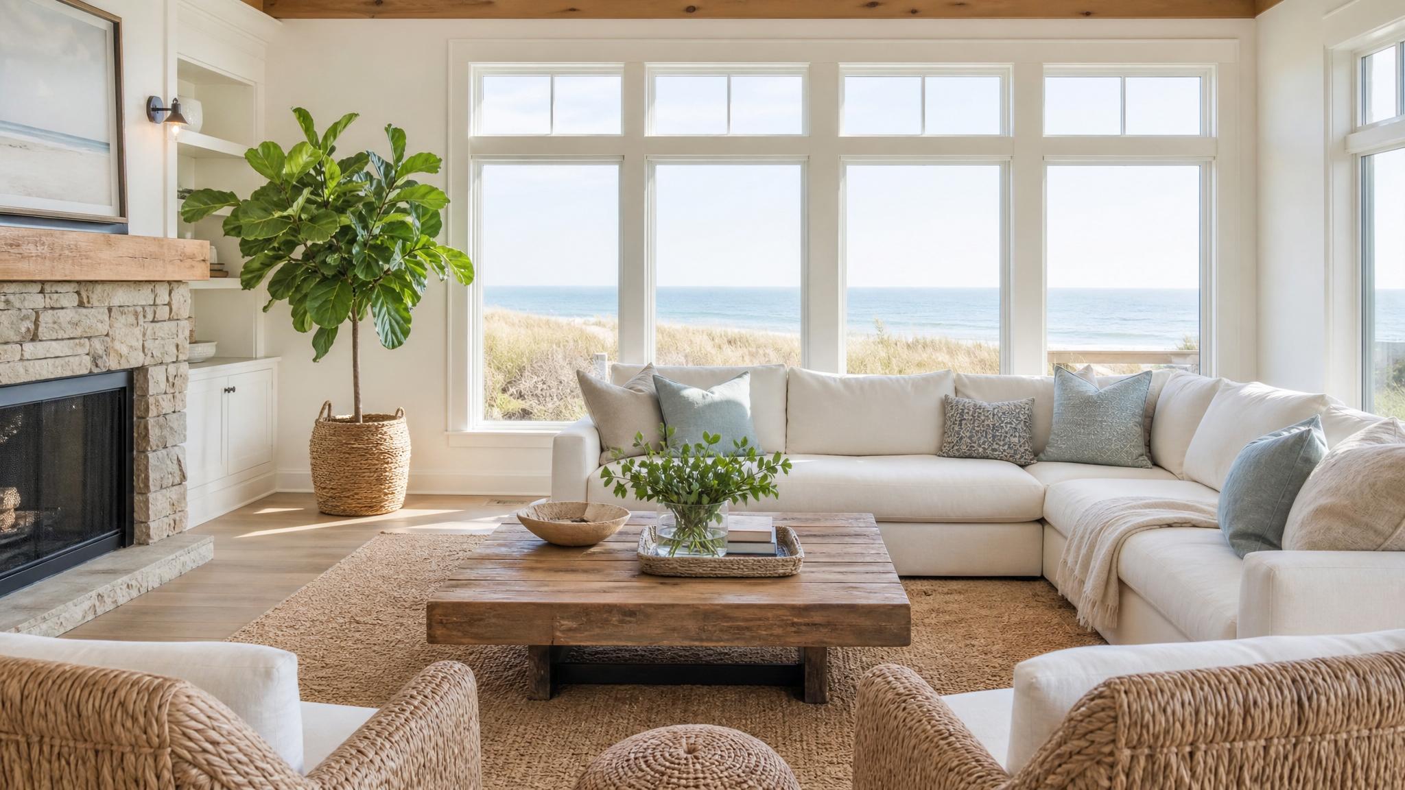 Example of a coastal living room with soft colors.