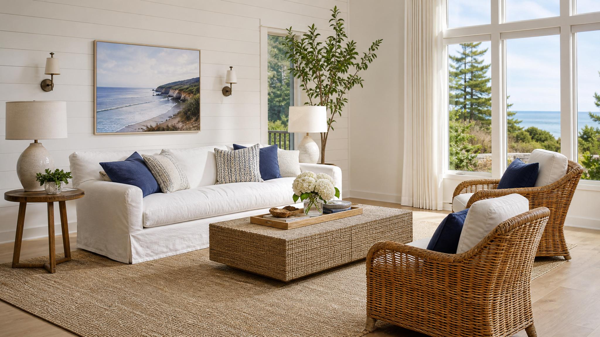 Coastal style furniture examples including slipcovered sofas and rattan chairs.