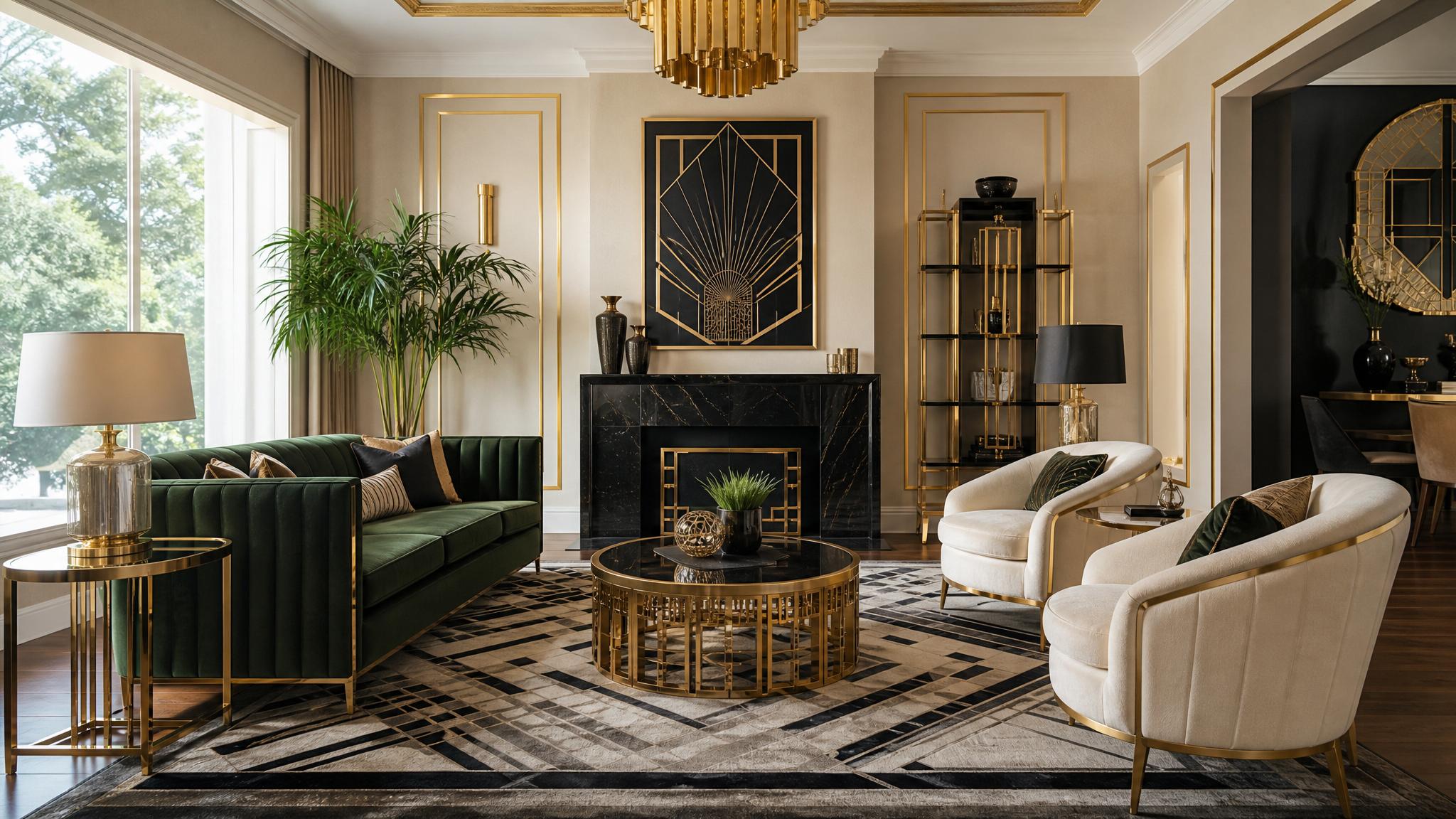 A beautifully arranged Art Deco living room with gold accents and geometric patterns