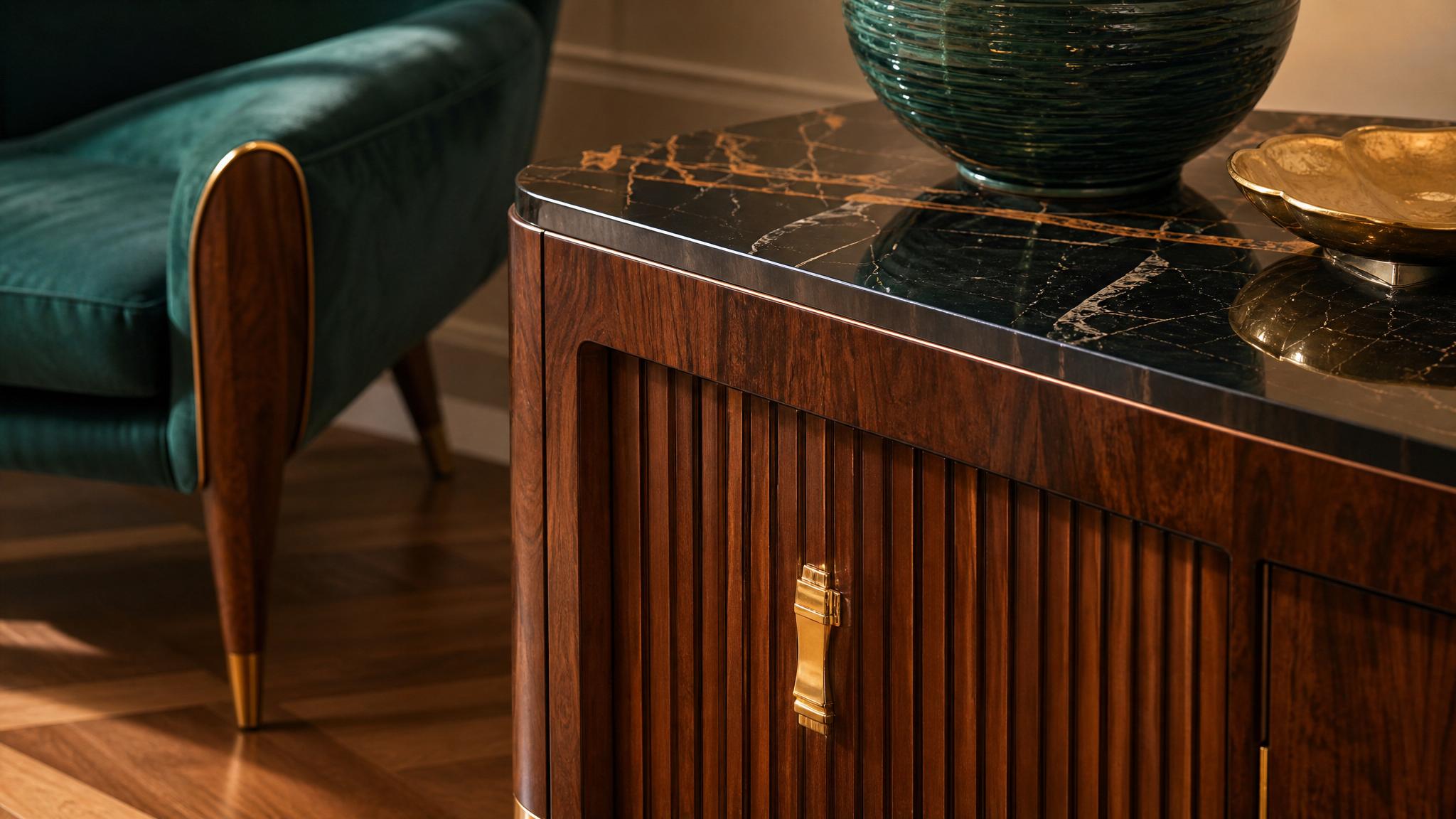 Close-up of vintage Art Deco furniture highlighting luxurious textures