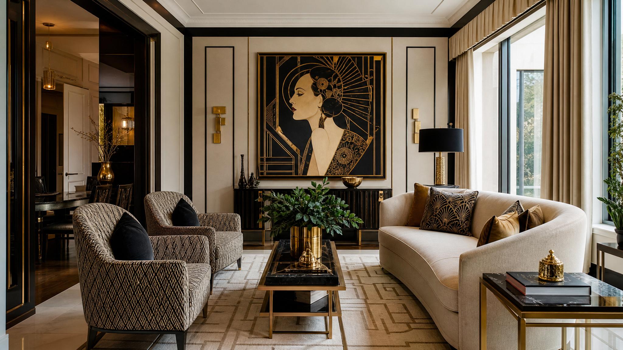 An Art Deco living room showcasing a statement art piece and intricate fabrics