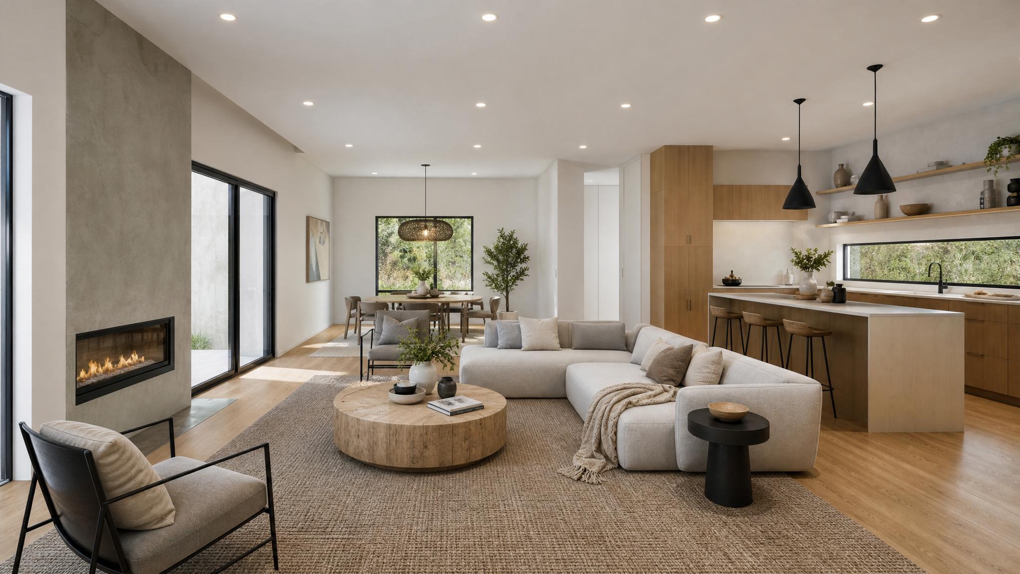 Elegant open-plan living room styled with neutral colors and minimalist decor.