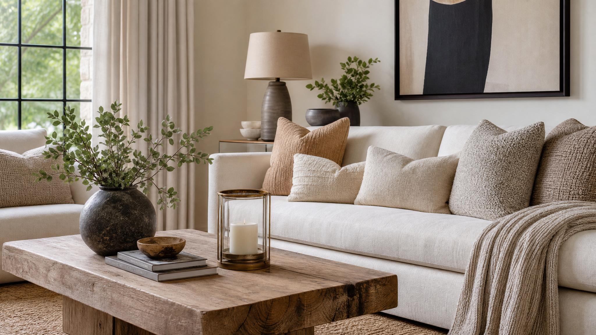 A cozy seating arrangement with textured cushions and neutral colors.
