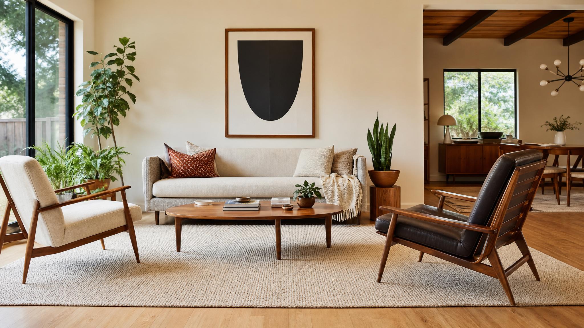 Various mid-century modern furniture layouts in a living room setting.