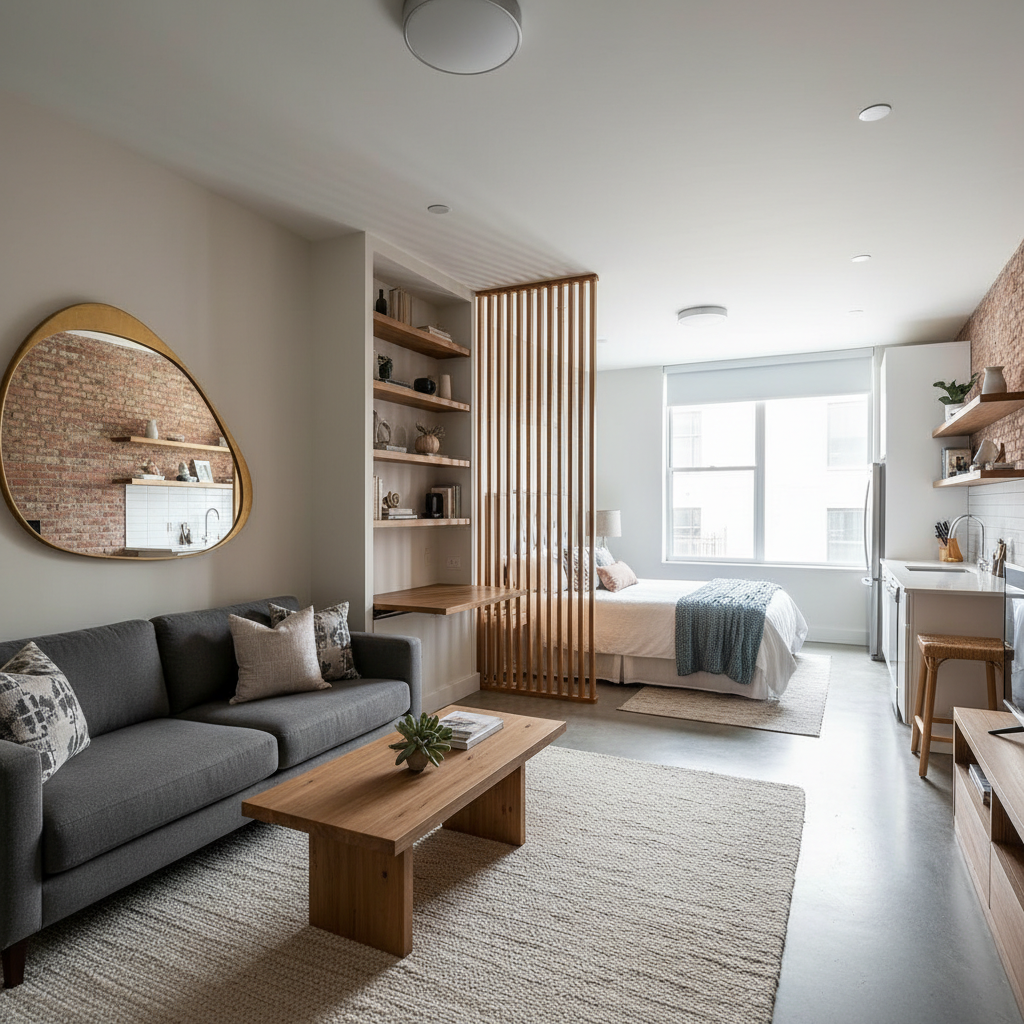 A beautifully staged studio apartment showcasing unique features