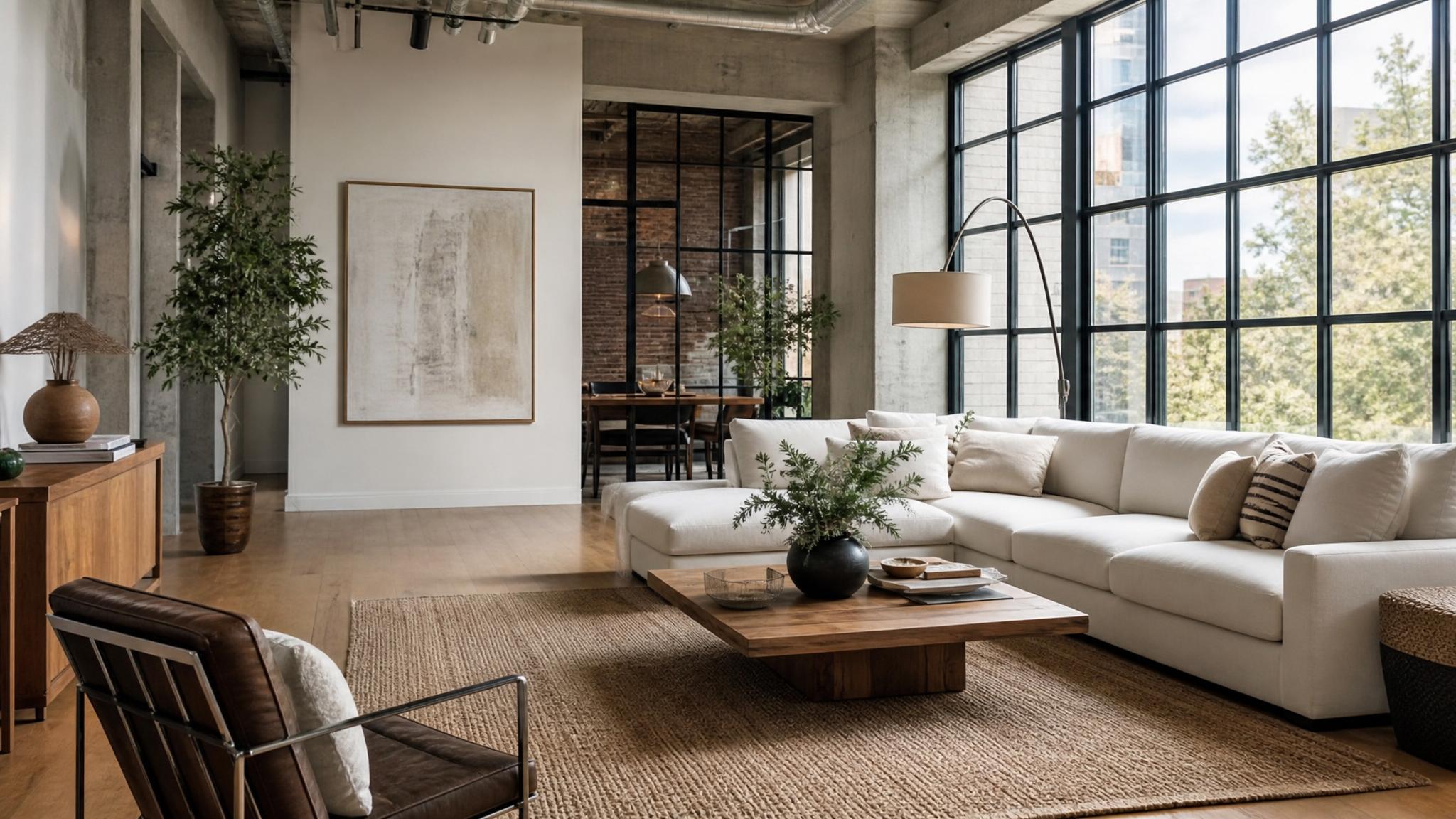 A stylish urban loft living room showcasing modern furniture and decor.