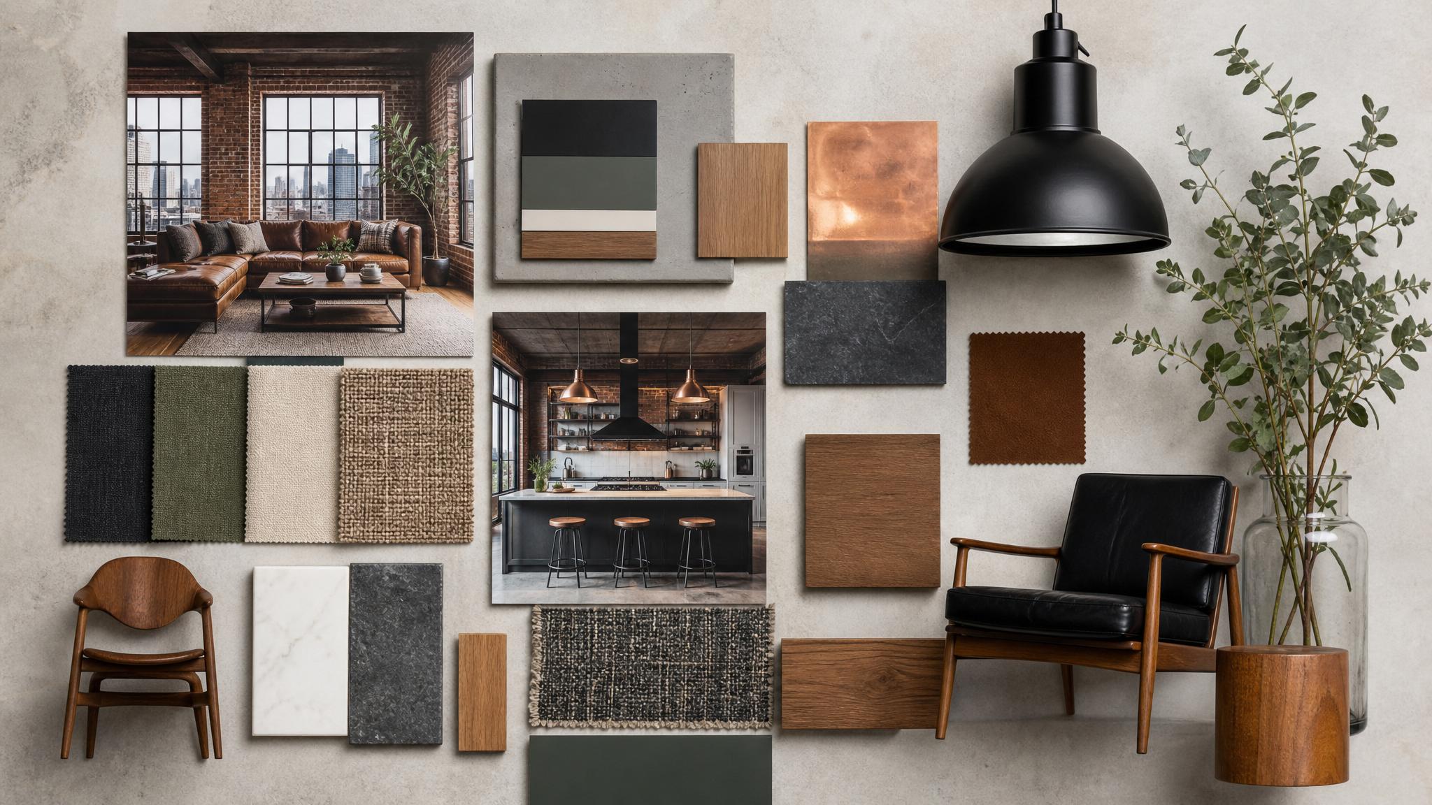 A mood board showcasing color palettes and furniture styles for urban lofts.