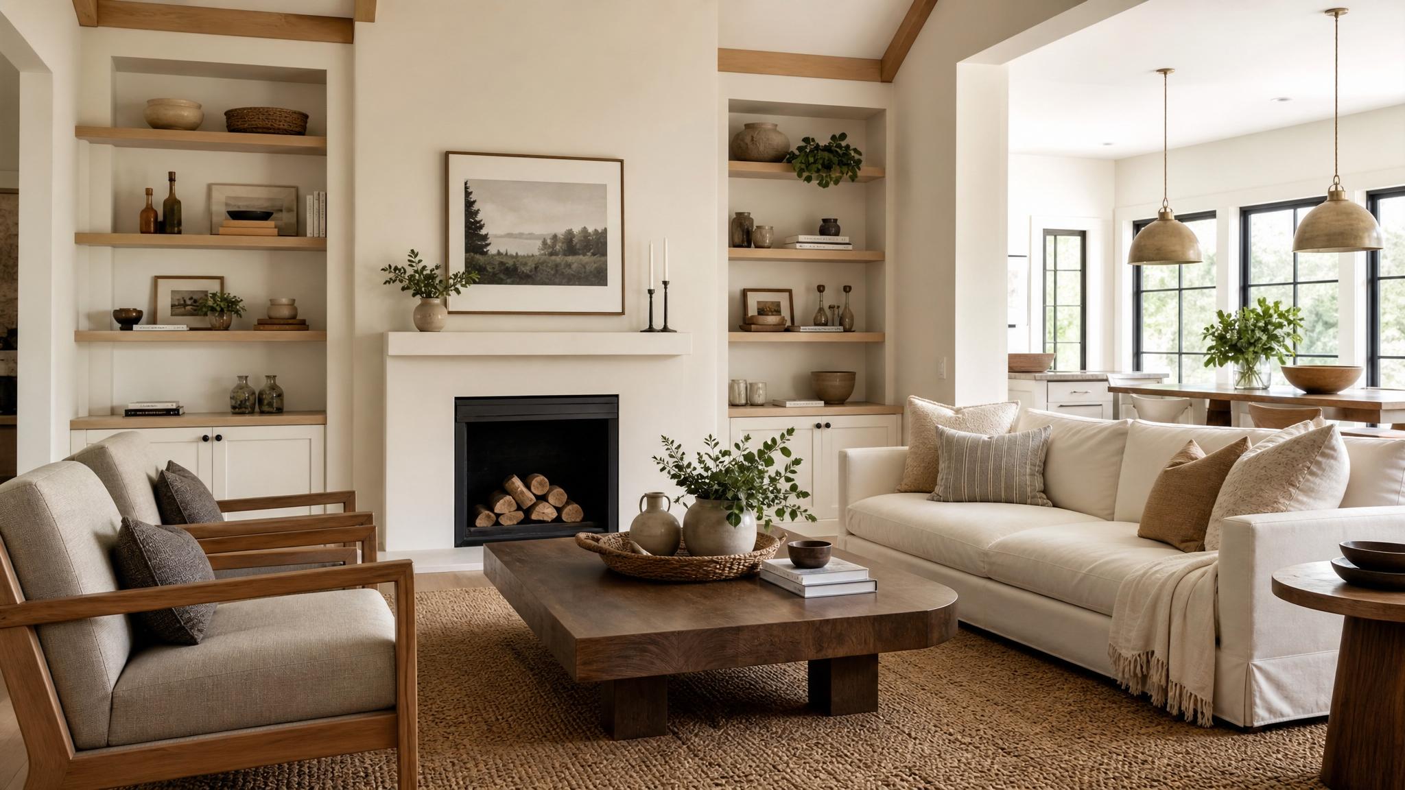 A cozy warm minimalist living room with neutral tones and functional furniture.
